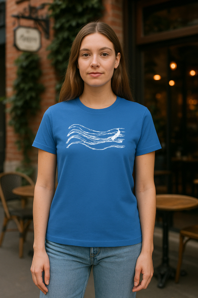 Wellenwall  T-Shirt Unisex – Bright Blue – Bio Baumwolle – Relaxed Fit – Handdruck in Weiß – Fair & Vegan