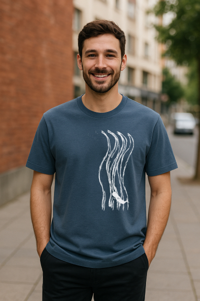 Wellenwall T-Shirt Herren – Dark Heather Blue – Bio Baumwolle – Relaxed Fit – Handdruck in Weiß – Fair & Vegan