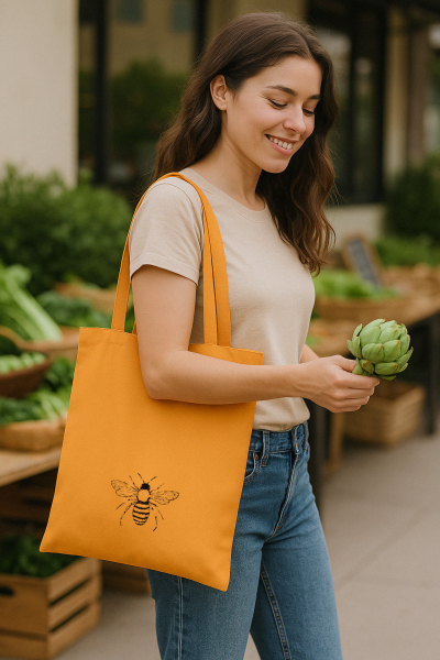 Canvas Tasche mit Biene – Bio-Baumwolle – Handbedruckt in Amber